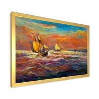 A vitorlás hajók az óceánhullámokon a narancssárga esti izzólap keretes festmény vászon művészeti nyomtatás