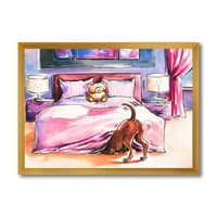 Designart 'barna kutya, aki az ágy alá nézett és mackó parasztház keretes művészeti nyomtatás