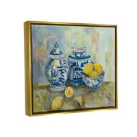 Stupell Industries citrom és fazekas sárga kék klasszikus festés Fém arany keretes úszó vászon fali művészet, 16x20