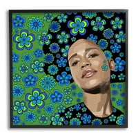 Stupell Industries viráglány retro kék és zöld botanikai és virágfestés fekete keretes művészeti nyomtatási fal művészet