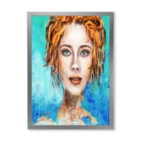 Designart 'egy nő arca vörös hajjal és zöld szemmel' modern keretes művészeti nyomtatás