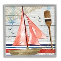 Stupell parti deszka minta vitorlás hajó tájfestés szürke keretes művészeti nyomtatási fal művészet
