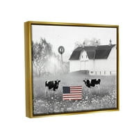 Stupell Americana Barn Country Cows Flag állatok és rovarok Festés arany úszó keretes művészeti nyomtatási fal művészet