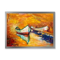 Kis hajó meleg és narancssárga esti keretes festmény vászon művészeti nyomtatása