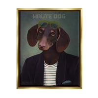 Stupell Industries Haute Dog Quirky ruhák viselése Blazer napszemüveg grafikus művészet fémes arany úszó keretes vászon nyomtatott